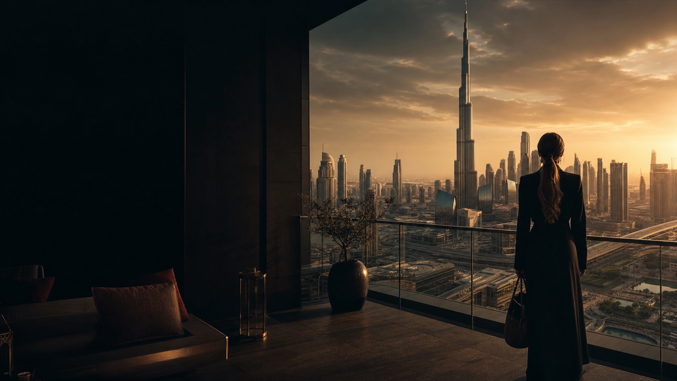 Elegant traveler overlooking Dubai and the Burj Khalifa at sunset