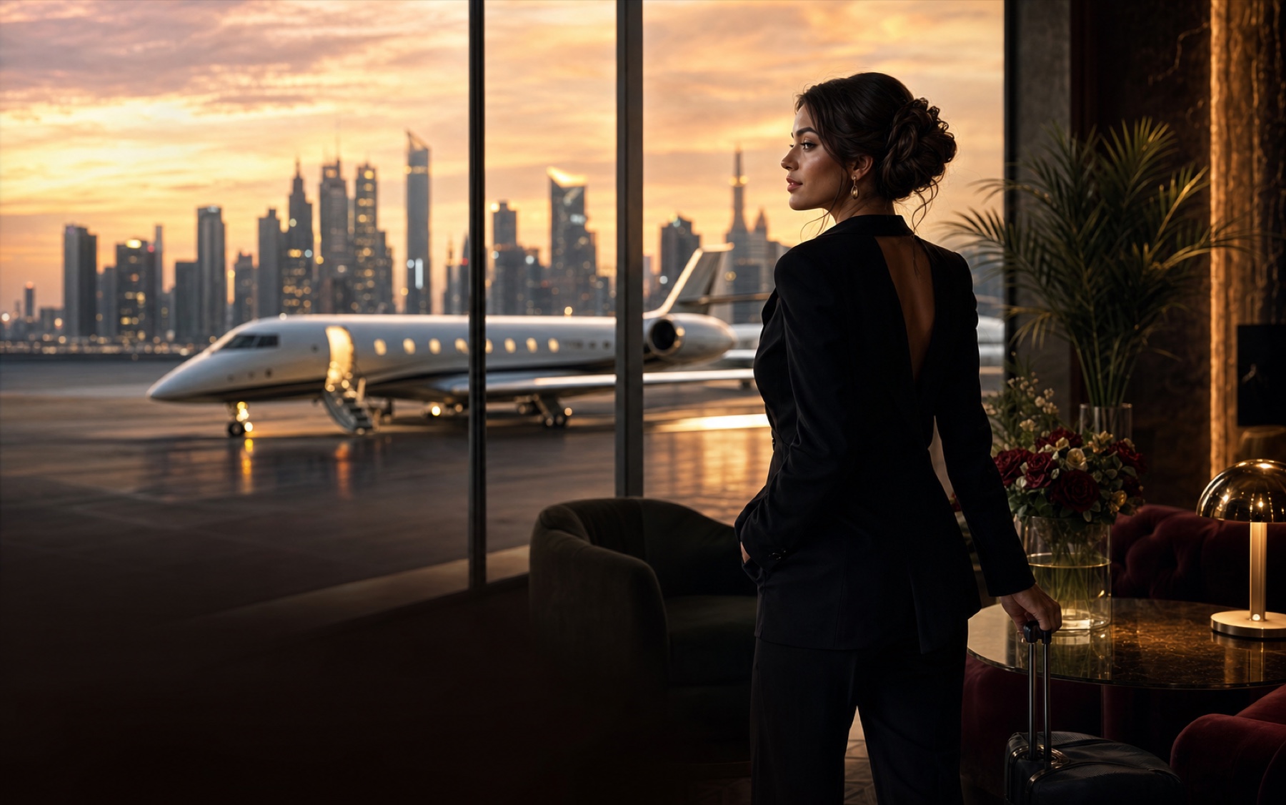 Performer overlooking a private jet and an international skyline