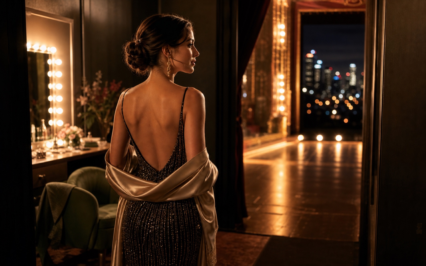 Performer preparing to step from backstage into the spotlight