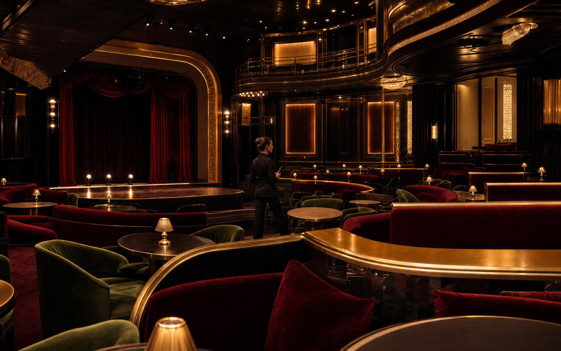 Elegant international performance venue with velvet and gold interiors